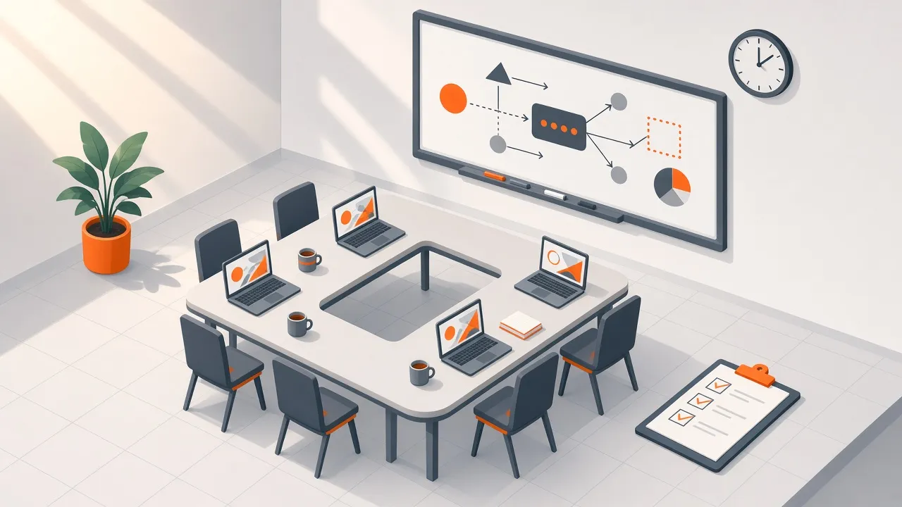 Salle de formation moderne avec tableau blanc, ordinateurs portables et liste de contrôle