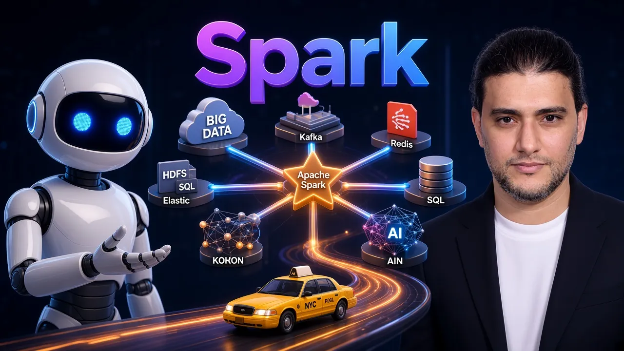 Écosystème 3D Apache Spark & Big Data : cœur Spark relié à Kafka, Redis, HDFS, SQL, Elastic, KNN, IA et flux des taxis de New York