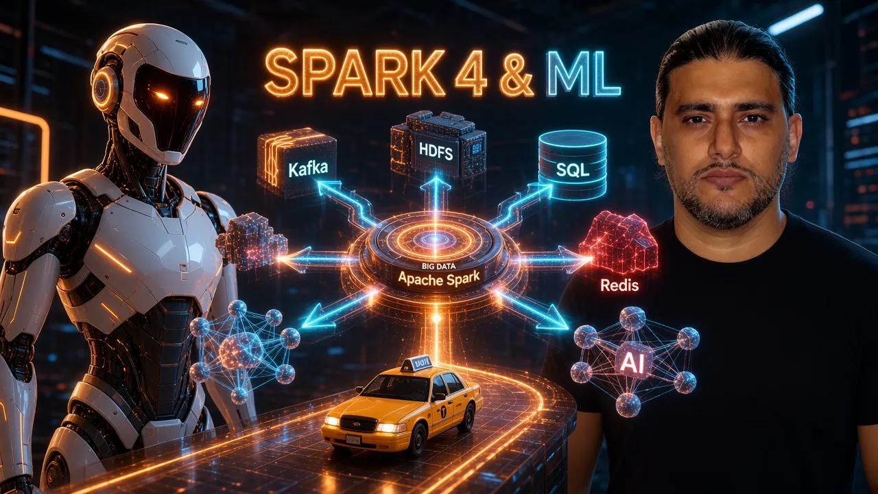 Spark 4 & Machine Learning en 3D : hub Big Data / Apache Spark relié à Kafka, HDFS, SQL, Redis, KNN, réseau de neurones IA et taxi new-yorkais