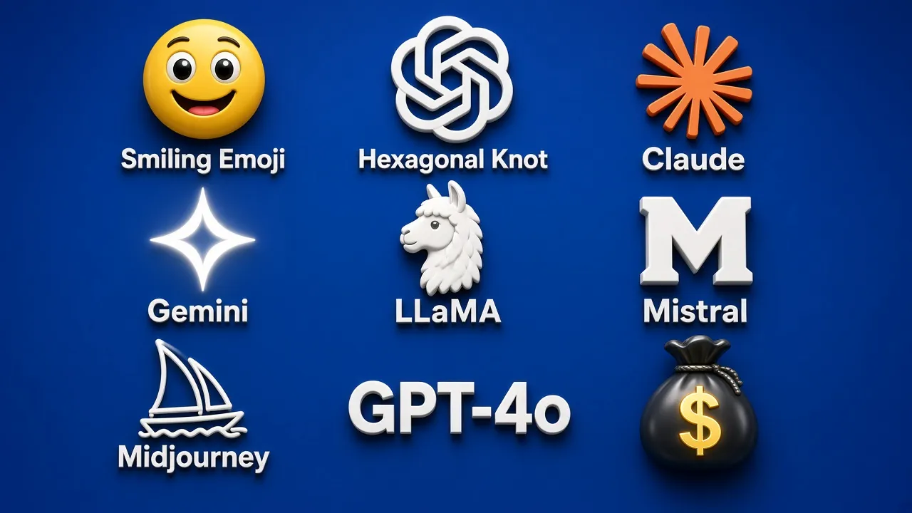 Grille 3D des grandes familles de modèles d'IA générative : Claude, GPT-4o, Gemini, LLaMA, Mistral et Midjourney