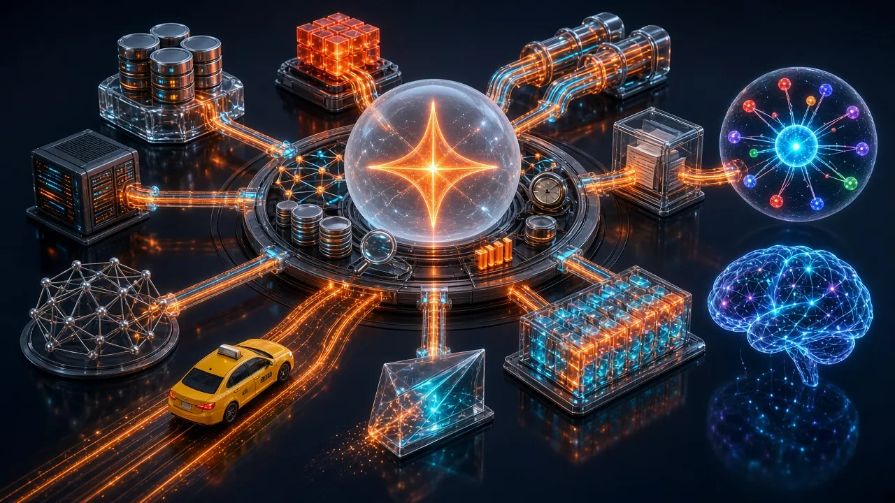 Architecture 3D en étoile du moteur Spark : cœur distribué, stockage cylindrique, graphe de voisinage KNN, réseau neuronal et flux taxi
