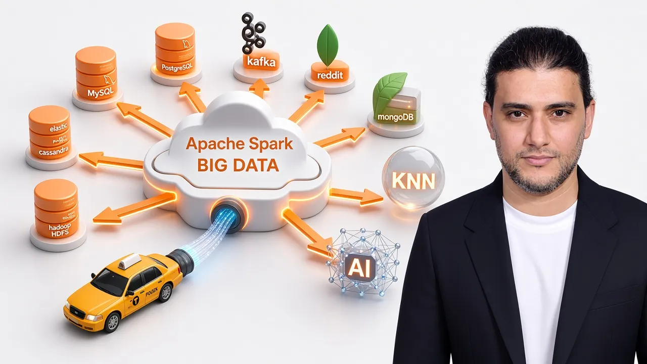 Schéma 3D en étoile de l'écosystème Apache Spark & Big Data : HDFS, MySQL, PostgreSQL, Elastic, Kafka, MongoDB, Cassandra, KNN, IA et flux des taxis de New York