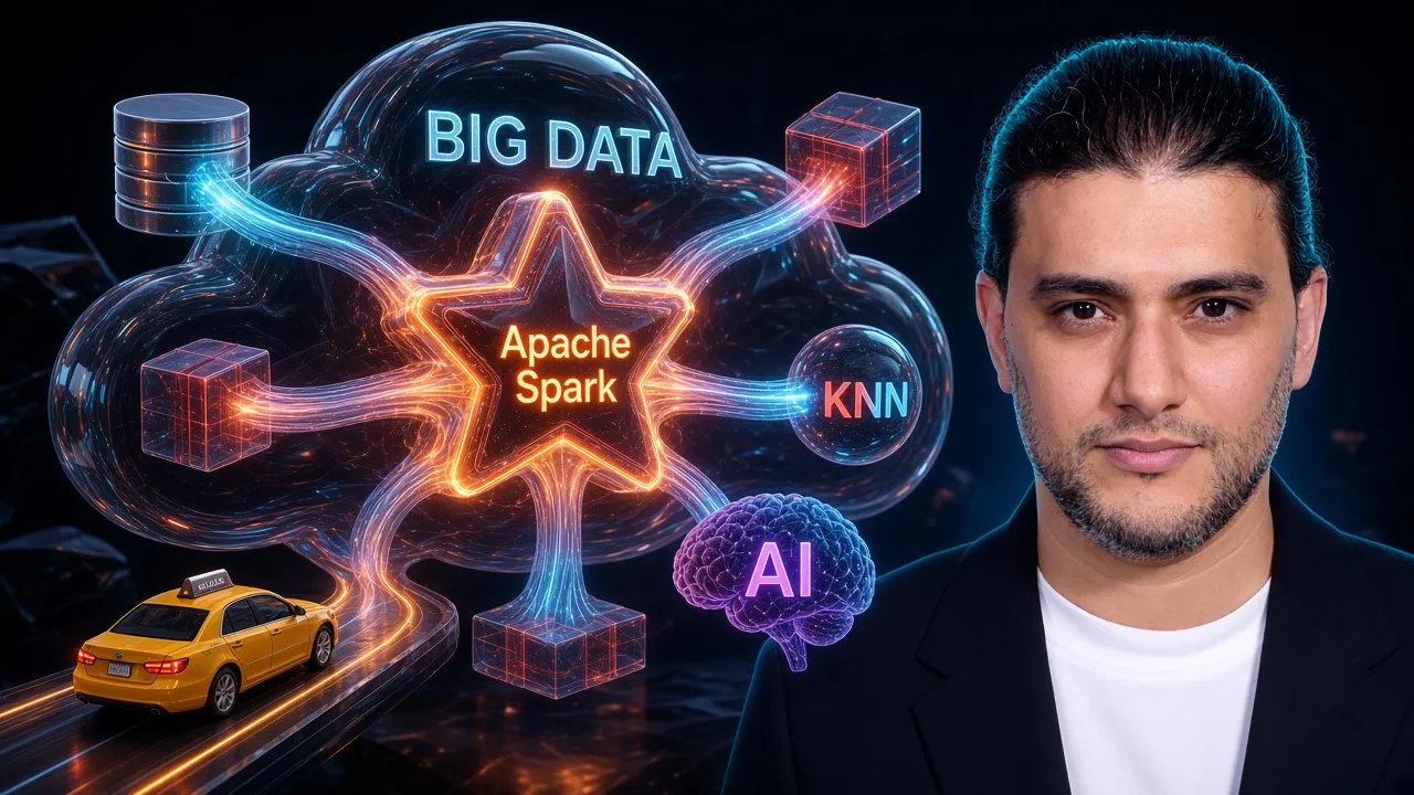 Architecture 3D Big Data & Apache Spark : nuage de données, étoile Spark, graphe KNN, réseau de neurones IA et taxi jaune de New York