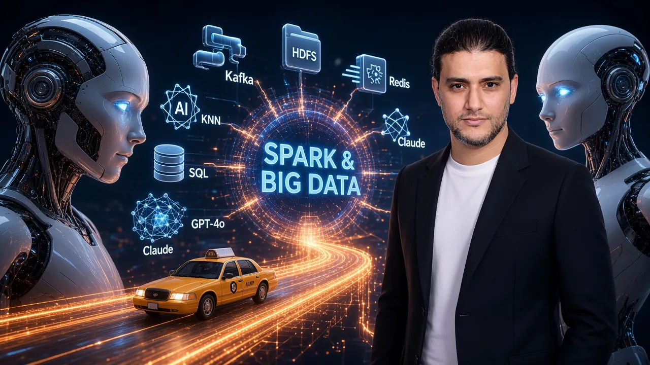 Vue d'ensemble 3D du programme Spark & Big Data : Kafka, HDFS, Redis, SQL, KNN, IA et fil rouge des taxis new-yorkais